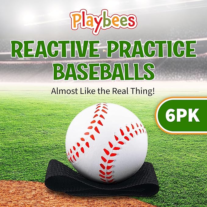 Playbees Reactive Practice Baseballs on Elastic Cord Perfect for Training, Fun Outdoor Activities for Spring Training, Fun Outdoor Activity for Kids, Boy or Girl, Party Favor (6 Pack)