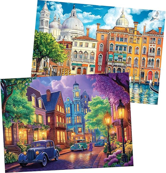 2 Pack 500 Pieces Puzzle for Adults,Venice Building Jigsaw Puzzles 500 Pieces City Night Puzzles for Adult Puzzles No Dust Colorful Premium Cardboard Puzzle Games Family Activity Great Gift