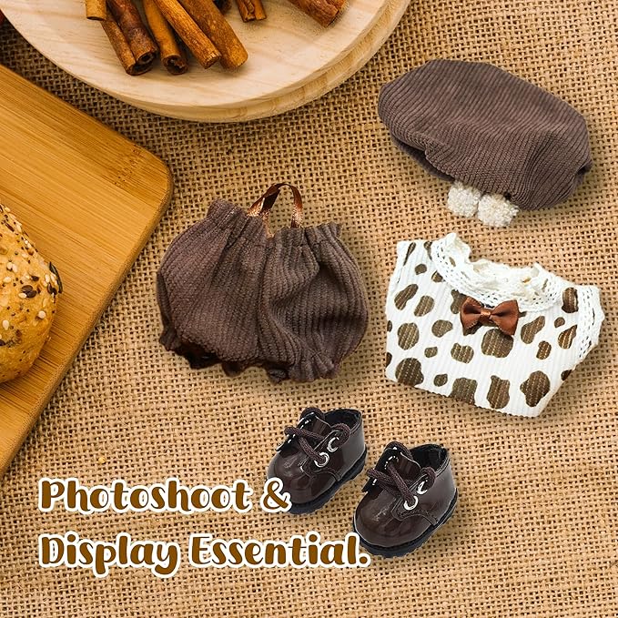 Handmade 17cm Doll Clothes - Cute Styles 15cm/17cm Dolls Outfits, Burgundy Bow - Burgundy Dress - Brown Shoes for Dress Up Gift（Including Shoes） (Brown Suit)