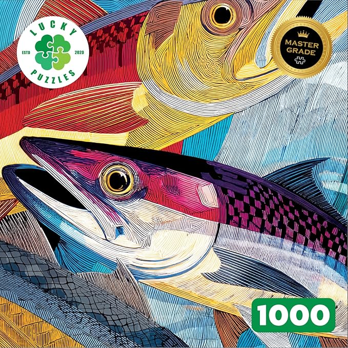 Lucky Puzzles - Catch of Colour - 1000 Piece Jigsaw Puzzle for Adults | Bold Linocut Sardine Art Puzzle | Unique Fish-Themed Brain Teaser for Puzzle Lovers