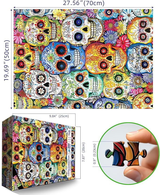 Mexican Day of the Dead (Dia de Los Muertos) 1000 Piece Puzzles for Adults, Artistic Skull Flower for Adults Puzzle, for Gifts Birthday Party Games Family, 27.5 * 19.7 inch Dust Free Puzzle