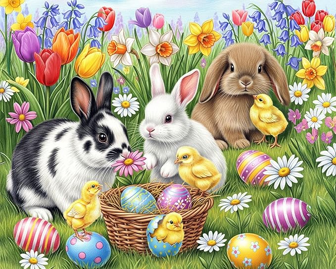 Springbok Three Easter Bunnies 500 Piece Jigsaw Puzzle for Adults – Poster Now Included - Spring and Floral – Unique Cut Pieces – Made in USA