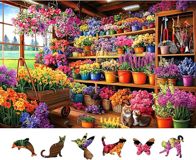 500 Piece Puzzle for Adults, Jigsaw Puzzles with Colorful Flower Garden Shed Scene with Cats, Funny Puzzle, Perfectly Fitting Pieces, Home Decor Birthday Party Gift for Adults Seniors 23"x15"