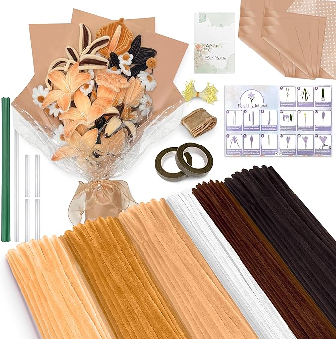 LINAYE 500 PCS Pipe Cleaners Craft, 6 Colors Pipe Cleaners Flowers Kit, Chenille Stems for Crafts with Instruction Wrapping Paper, Flower Stamens, Stems Art and Craft Supplies Brown