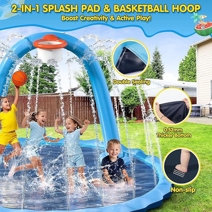 Splash Pad for Kids and Dog, 110" 2-in-1 Large Sprinkler Mat with Basketball Hoop and Arch for Kids Outdoor Play, Shoot Game for Backyard, Inflatable Water Toys More Fun for Boys and Girls