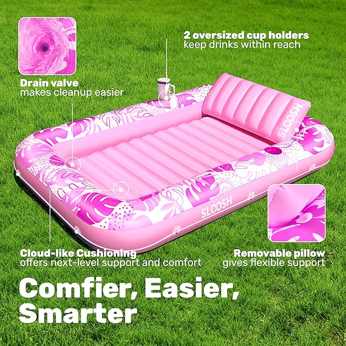 SLOOSH Inflatable Tanning Pool Lounger Float, 70" x 46" Pool Floats Adult with Pillow, 4 in 1 Suntan Tub Raft Floatie,Sunbathing Bed Lounge for Water Blow Up Kids Ball Pit Party Gifts, L-Hot Pink
