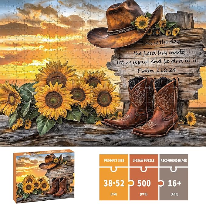 Puzzles for Adults 500 Pieces, Cowboy Hat and Cowboy Boot Jigsaw Puzzles - Sunset Psalm of the West, Impossible Sunflower Puzzles for Seniors Family, 20.47x14.96 inches, 1:1 poster, Letter on the Back