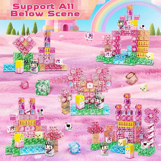 Magnetic Blocks - 100 PCS Transparent Magnetic Building Block for Kids, Pink Princess Castle Magnet Cubes Sets, Princess Toys for Girls Ages 3 4 5 6 7 8-12 Birthday Gifts, Easter Basket Stuffers