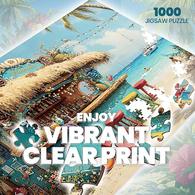 Puzzles for Adults 1000 Pieces, Hawaii Beach Tiki Bar Tropical Ocean Summer, Nature 1000 Piece Puzzle for Adults Seniors, Hard Jigsaw Puzzles with Letters on Back, 1:1 Poster
