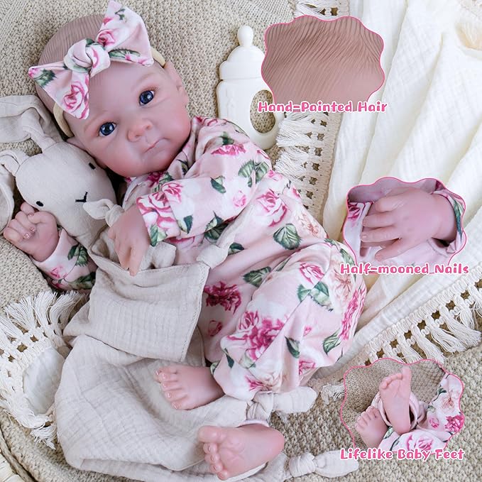 EKOKIZ 20 Inch Realistic Reborn Baby Doll Girl Lifelike Baby Dolls, Soft Cloth Body & Silicone Limbs Newborn Doll with Floral Outfit & Accessories, Gift Box for Kids 3+ & Collectors
