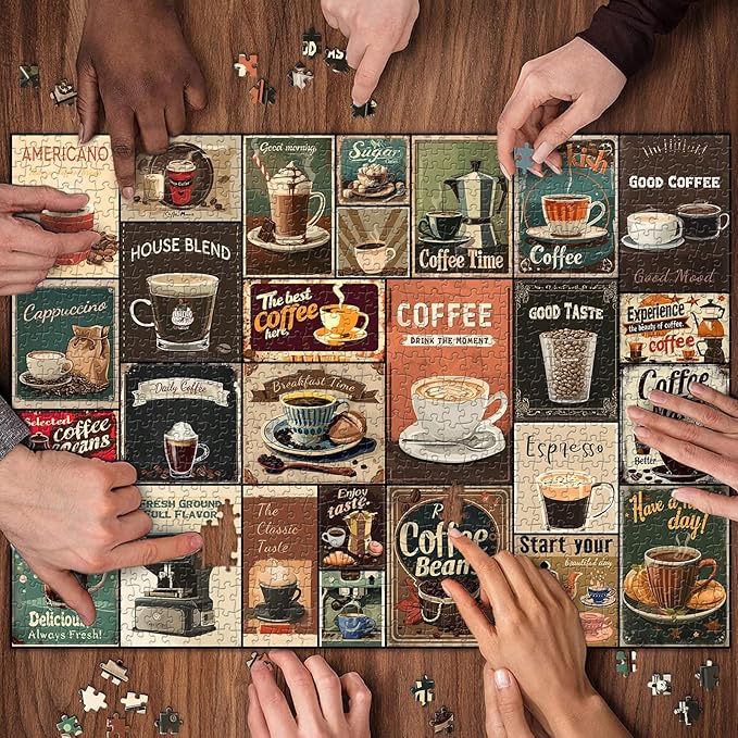 Vintage Coffee Collage Puzzles for Adults 1000 Pieces, PICKFORU Breakfast Food Jigsaw Puzzle Coffee Latte, Hard Difficult Retro Poster Theme for Home Wall Decor
