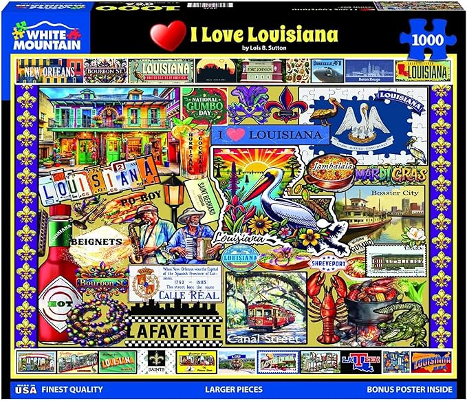 White Mountain 1000 Piece Jigsaw Puzzle Pelican State Collage Puzzles with Large Pieces, Gift for Adults and Family 24"x30" - I Love Louisiana