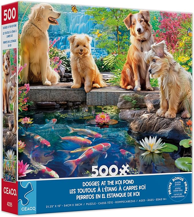 Ceaco - Doggies at the Koi Pond Puzzle 500 Pieces - Jigsaw Puzzles for Adults - Angelo Bonito - Bonus Poster - Made in USA - Recycled Materials - 21.25 x 15 Puzzle