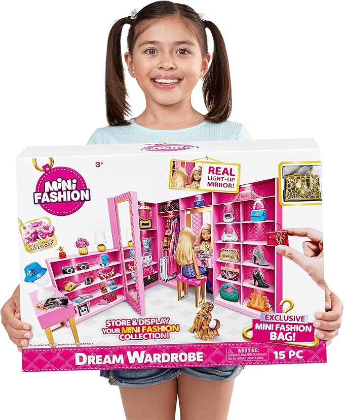 Mini Brands Mini Fashion Dream Wardrobe by ZURU with Exclusive Metallic Mini Fashion Bag and 25+ Storage Areas to Hold Doll Accessories Gift