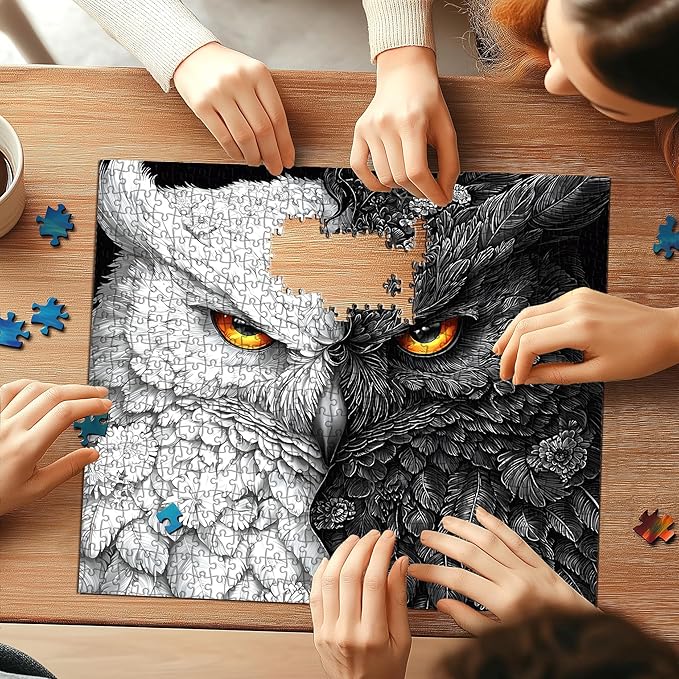 Black and White Owl with Floral Design Jigsaw Puzzle, 500 Pieces