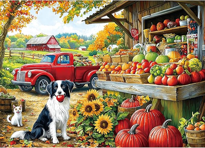 Blueforest 1000 Piece Puzzle for Adults - Autumn Farm Harvest & Pet Scene, 27.5x19.7 Inches Premium Jigsaw Puzzle for Relaxation & Home Decor