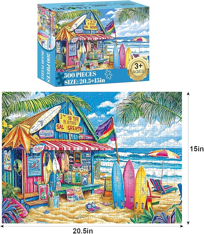 500 Piece Puzzles for Adults,Beach Surf Shack Puzzle,Recycled Cardboard Summer Jigsaw Puzzles 500 Pieces,Challenging Family Activity Great Gift Idea,Landscape Puzzles Size 20.5 x 15 in