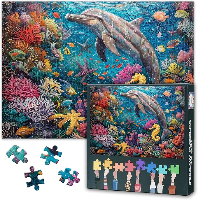 Jigsaw Puzzle 1000 Pieces, Dolphin Swimming in The Colorful Coral Reef Adult Jigsaw Puzzles, Underwater World Adults Puzzles 1000 Piece Educational Finished Size 19.5 x 27.5 Inch