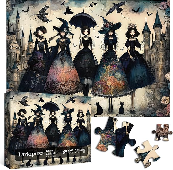 Raven Night Jigsaw Puzzle 1000 Pieces, Hard Puzzles for Adults Gothic Woman, Vintage Art Hard Impossible Puzzle as Scary Halloween Decor