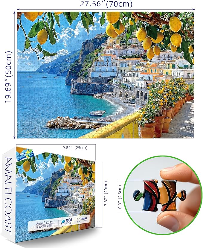 MINIWAN 1000 Piece Amalfi Coast Puzzle, Premium Jigsaw Puzzle for Adults, Rustic Style Mediterranean Coastal Landscape Puzzle, 27.5 x 19.7 Inches