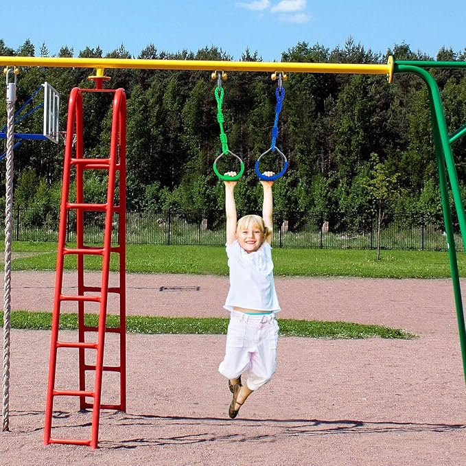 7PCS Colorful Ninja Rings - Gymnastic Rings, Swing Bar Rings, Monkey Rings, Climbing Rings Outdoor Backyard Play Sets Playground Equipment for Ninjaline Obstacle Accessories