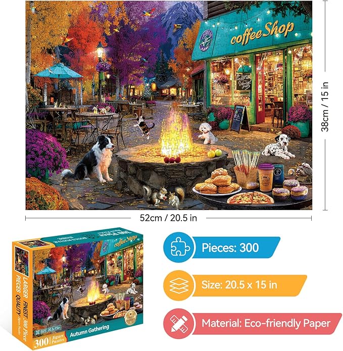 300 Piece Puzzles for Adults Large Piece, Coffee Shop Dog Cat Campfire Jigsaw Puzzle, Funny Gift for Adult Kids, Challenging Puzzle Perfect for Game Nights, 20.5 X 15 in