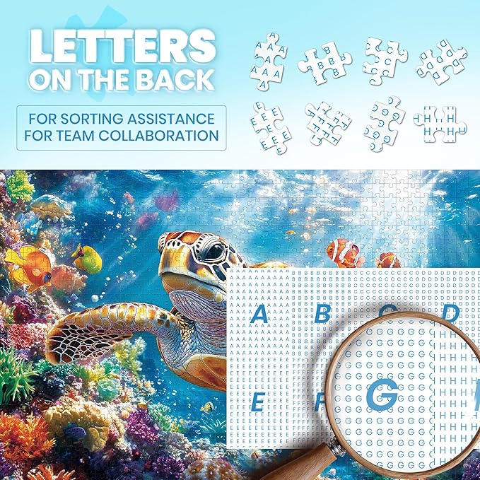 Puzzles for Adults 1000 Pieces- Sea Turtle Puzzle 1000 Piece, Challenging Ocean Jigsaw Puzzles with Letter on Back, Gifts for Adults, Stress Relief, Birthday & Game Night with Guide Poster