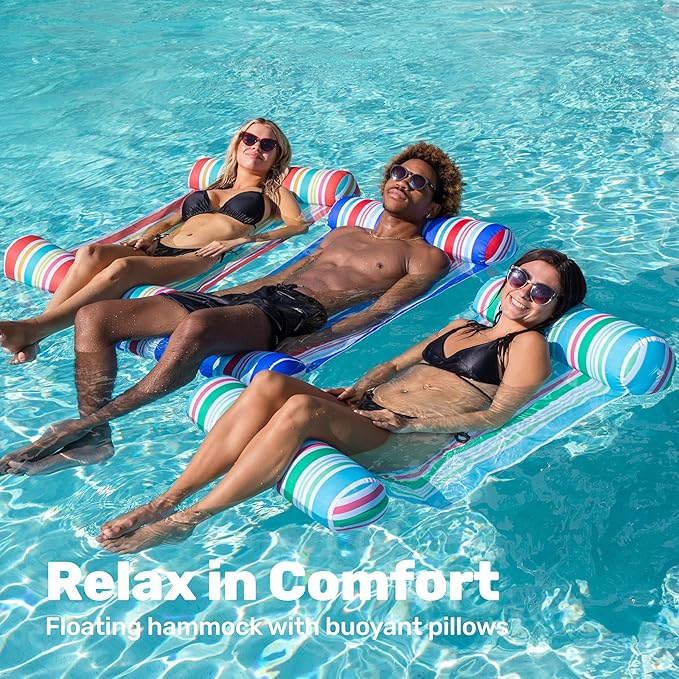 Sloosh 3 Pack 4-in-1 Inflatable Pool Floats - Water Hammock Lounges, Multi-Purpose Swimming Pool Accessories (Saddle, Lounge Chair, Drifter) for Pool, Lake, Outdoor, Beach