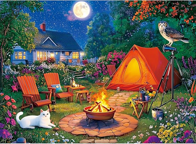 300 Pieces Puzzles for Adults,Moonlight Backyard Camping Puzzle,300 Pieces Puzzle for Adults Large Piece,Cute Cat Jigsaw Puzzles for Kids Ages 8-10,Gifts for Christmas Family Games Lovers 20.5 x 15 in