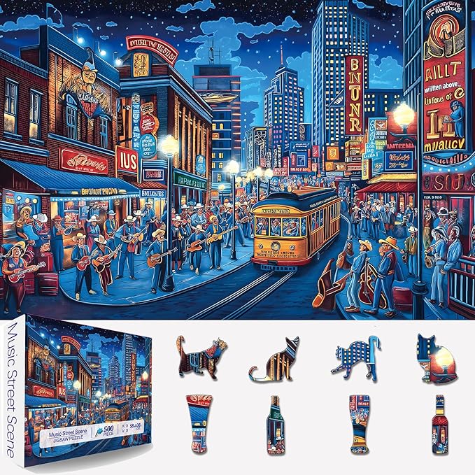 500 Piece Puzzles for Adults Clearance, Street Blues Cityscape Vintage Night Scene with Musicians Hard Difficult Challenging Unique Puzzles for Gifts Party Games Family Fun, 23" X 15" Dust Free