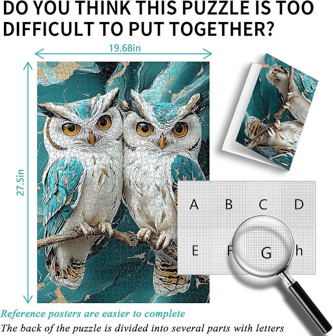 PICKFORU Owl Jigsaw Puzzles 1000 Pieces, Marble Art Owls Puzzles for Adults, Stone Carving Animal 1000 Piece Puzzle Hard Challenging