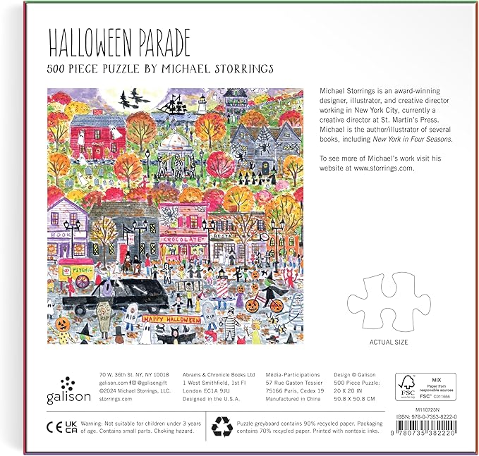 Galison Halloween Parade – 500 Piece Michael Storrings Jigsaw Puzzle Featuring Artwork of A Spooky and Festive Halloween Parade in Salem Massachusetts