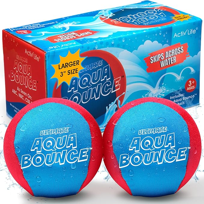 Activ Life Ultimate 2 Pack Larger 3” Water Skip Balls - Bouncing Balls for Swimming Pool & Beach Fun - Designs Include Baseball, Basketball, Volleyball, and Tennis for Kids, Friends, and Family