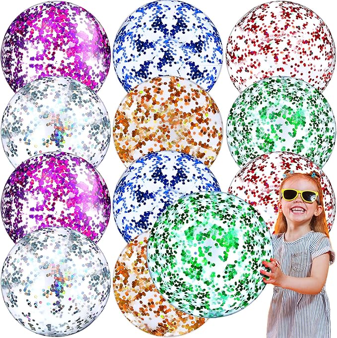 Chivao 12 Pack 16 Inch Glitter Beach Ball Inflatable Beach Ball Giant Pool Toys Blow up Swimming Pool Water Toys for Summer Indoor Outdoor Water Games Themed Birthdays Party Favor