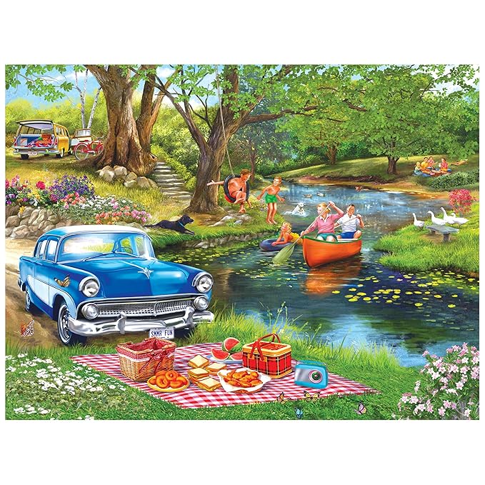 RoseArt - Chris Bigelow Illustrations - Good Times At The River 500 Piece Jigsaw Puzzle - Country Fishing and Boating Summer Scene– Adult Puzzle – Finished Size 18 x 24, Made in USA