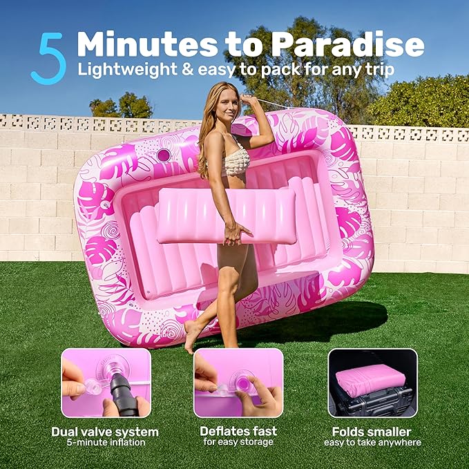 SLOOSH Inflatable Tanning Pool Lounger Float, 70" x 46" Pool Floats Adult with Pillow, 4 in 1 Suntan Tub Raft Floatie,Sunbathing Bed Lounge for Water Blow Up Kids Ball Pit Party Gifts, L-Hot Pink