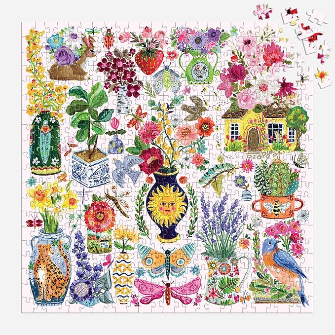 Galison Buzzy Bouquets – 500 Piece Jigsaw Puzzle Featuring Beautiful Artwork of Quirky Flower Vases and Buzzy Insects