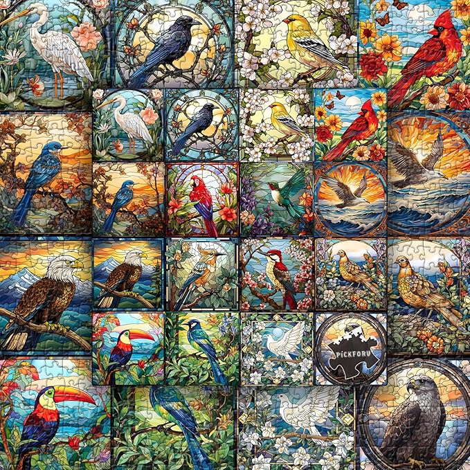 Stained Glass Puzzles for Adults 1000 Pieces, Bird Puzzles for Adults Flower with Cardinal Bird Parrot Hummingbird, Impossible Hard Challenging Jigsaw Puzzles