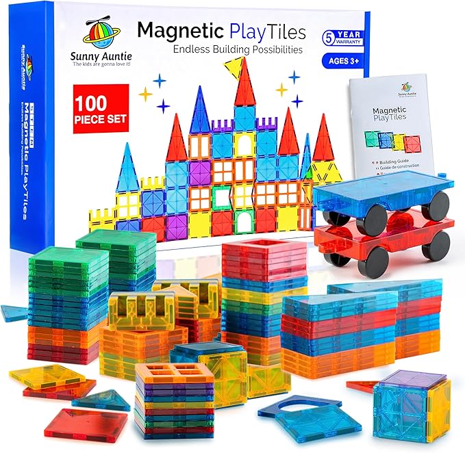 Magnetic Tiles 100 PCS with 2 Cars – Magnetic Building Tiles STEM Toy for Kids Ages 3-8, Magnet Construction Set for Boys & Girls