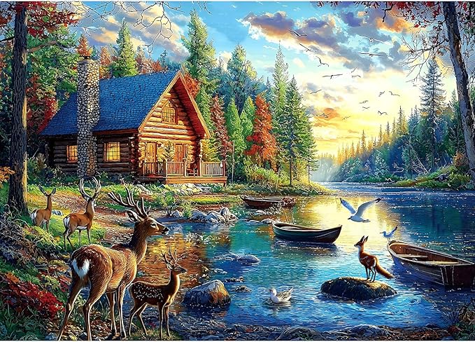 Blueforest 1000 Piece Jigsaw Puzzle for Adults Lake Lodge & Elk Landscape Hard Challenging Puzzle Perfect for Game Nights Family