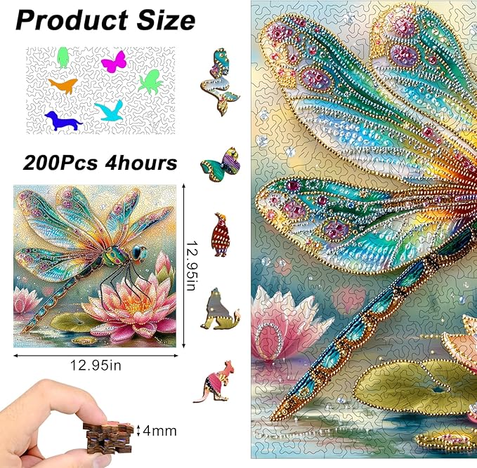 Wooden Puzzles for Adults, 210 Pieces Unique Dragonfly & Lotus Pattern Wooden Jigsaw Puzzle, Sparkling 3D Decorative Wood Puzzle, Easter Gift for Mom, for Adult Puzzle Lovers