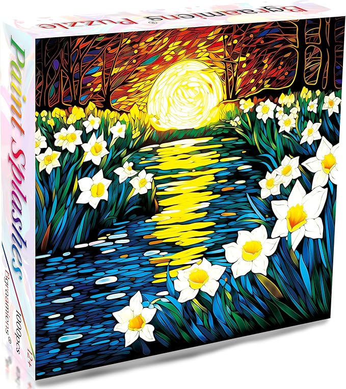 Bgraamiens Puzzle-Moonlight Daffodils-1000 Pieces Square Stained Glass Art Puzzle Daffodils in Moonlight Color Challenging Beautiful Jigsaw Puzzles for Adults (Moonlight Daffodils)