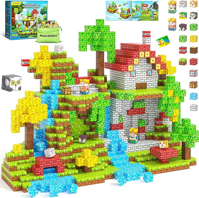 Magnetic Blocks with Animals, Magnetic Building Blocks Magnet Cube Toys Stacking, Build Forest World Set, STEM Montessori Sensory Toys for Gifts (100 Forest Animals)