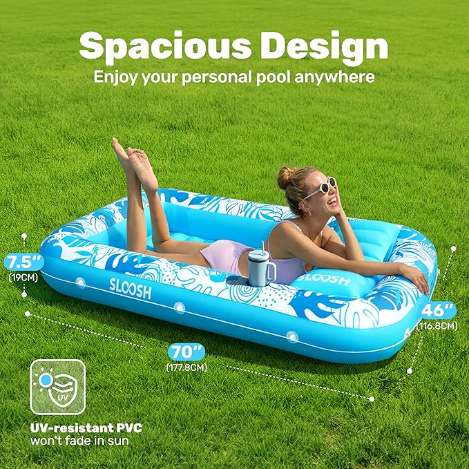SLOOSH Inflatable Tanning Pool Lounger Float, 70" x 46" Pool Floats Adult with Pillow, 4 in 1 Suntan Tub Raft Floatie,Sunbathing Bed Lounge for Water Blow Up Kids Ball Pit Party Gifts, L-Blue