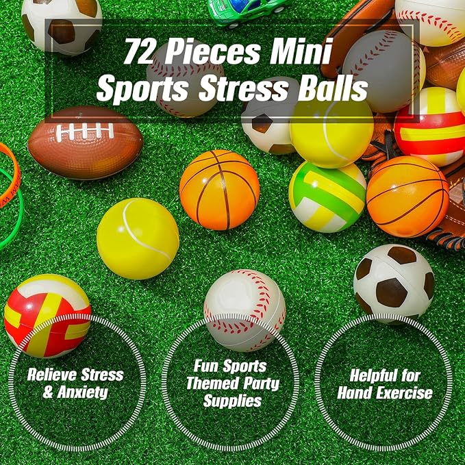 HyDren 96 Pcs Sports Stress Balls Mini Foam Sport Ball Squeeze Toy Include Storage Bag Basketball Football Baseball Soccer Tennis Volleyball for Stress Relief, Relaxation Party Favor for Boys Girls