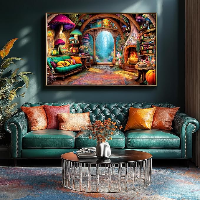 MINIWAN Fantasy Mushroom Cottage Living Room Puzzles for Adults 1000 Pieces, Cozy Enchanted Fairy Cabin with Sleeping Dog Jigsaw Puzzle, Gift for Fairy Tale Lovers 27.5x19.7 Inches