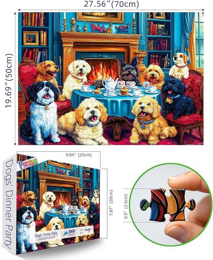1000 Pieces Puzzles for Adults, Cozy Library Dogs Jigsaw Puzzle - Dogs' Dinner Party with Books & Fireplace for Adults and Teens Family Challenging for Game Nights (27.5 x 19.7 Inch)