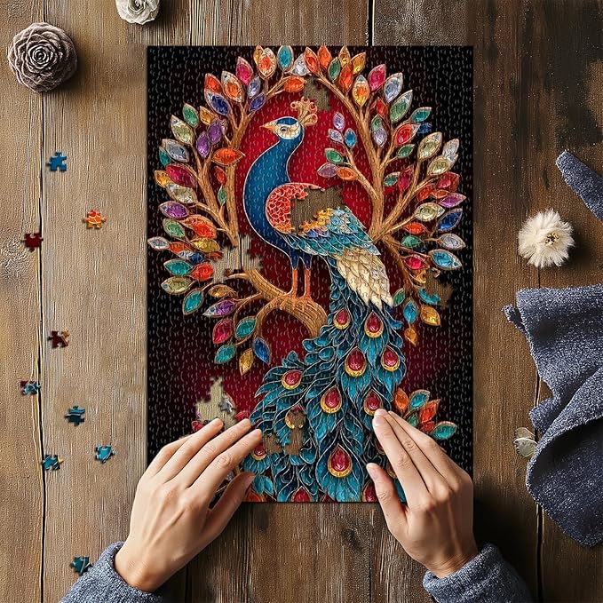 Peacock Puzzles for Adults 1000 Pieces, Tree of Life Puzzle, Colorful Gem Jewel Animal Jigsaw Puzzles, Impossible Difficult Hard Challenging Puzzles for Adults