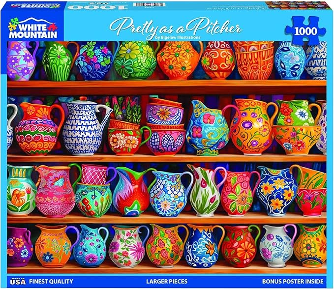 White Mountain 1000 Piece Jigsaw Puzzle Colorful Vase Collage Puzzles with Large Pieces Gift for Adults and Family 24"x30" - Pretty As A Pitcher