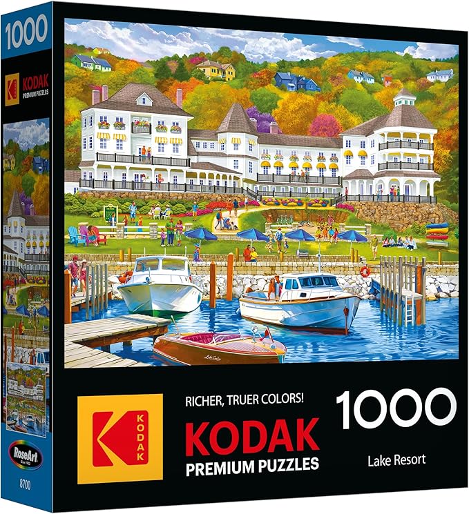 RoseArt - Kodak Premium - 1000 Piece Jigsaw Puzzle for Adults– Lakeside Resort – Peaceful Waterfront Hotel & Boats Scene – Bright, Detailed Artwork – 26.625 x 19.25 Inches